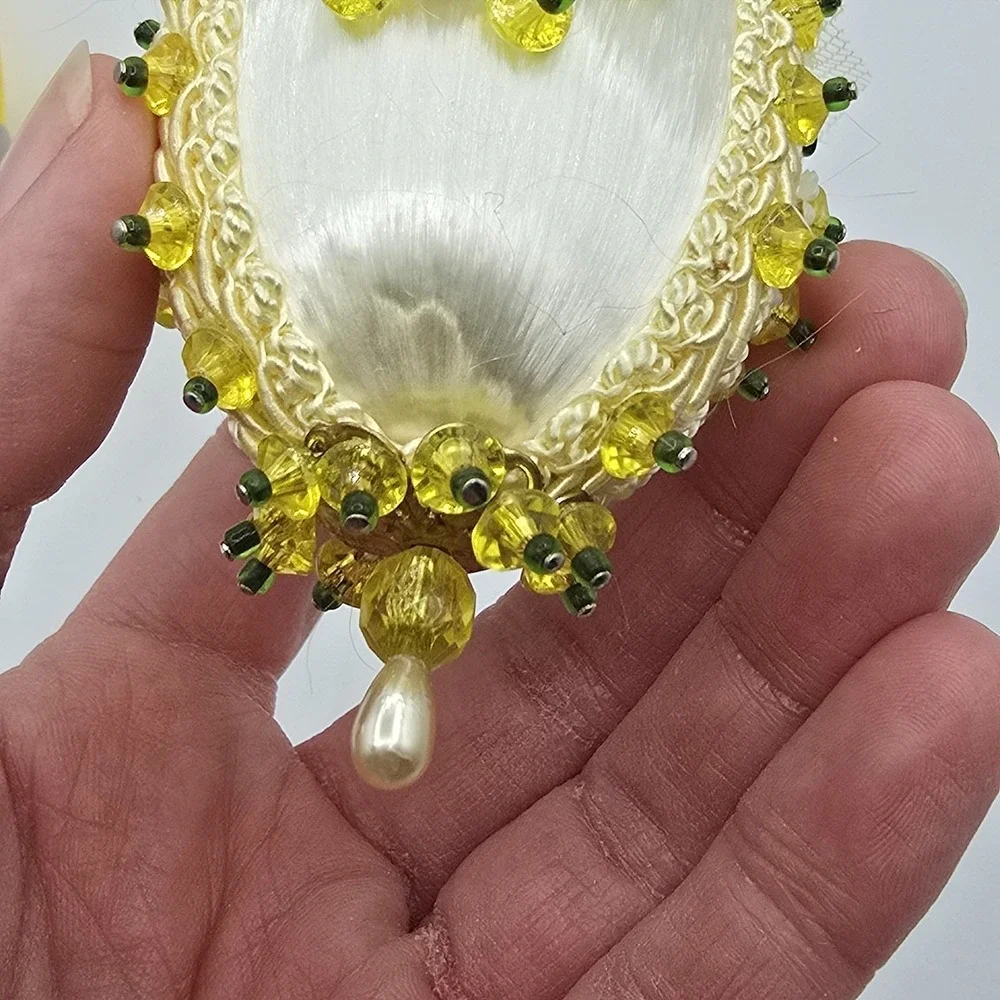 Vintage Handmade Yellow Satin‎ Push Pin Christmas Ornament with Ribbon Beads